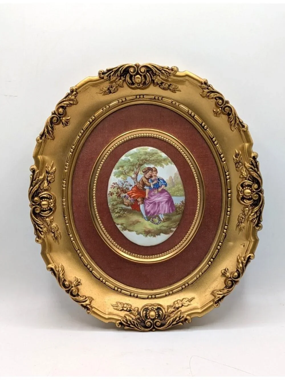 Vtg Fragonard Painted Cameo Courting Couple Plaque Ornate Gold Oval Frame 11